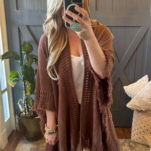 New Bohemian Knit Brown Fringe Poncho Ruana Cardigan Sweater Hippie Top